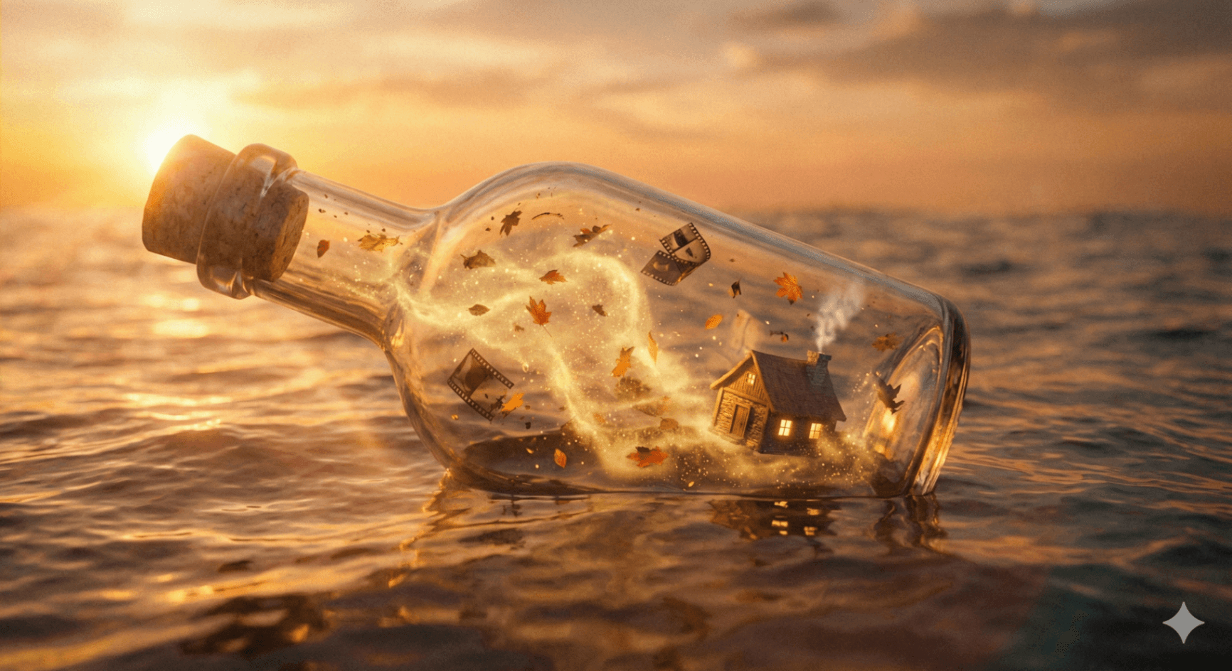 A macro photograph of a fantastical glass bottle floating in the ocean at sunset